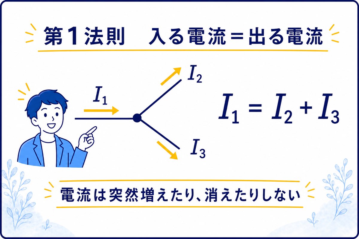 分岐点で入る電流と出る電流が等しい第1法則の図