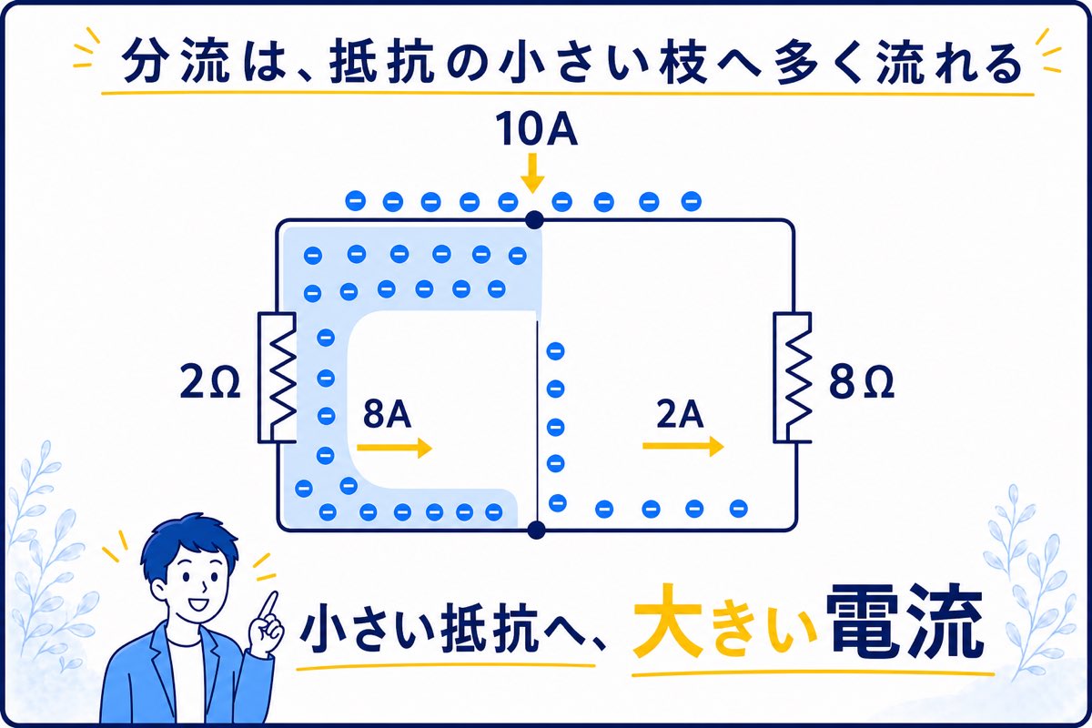 2Ωと8Ωの並列回路で電流が8Aと2Aに分かれる図