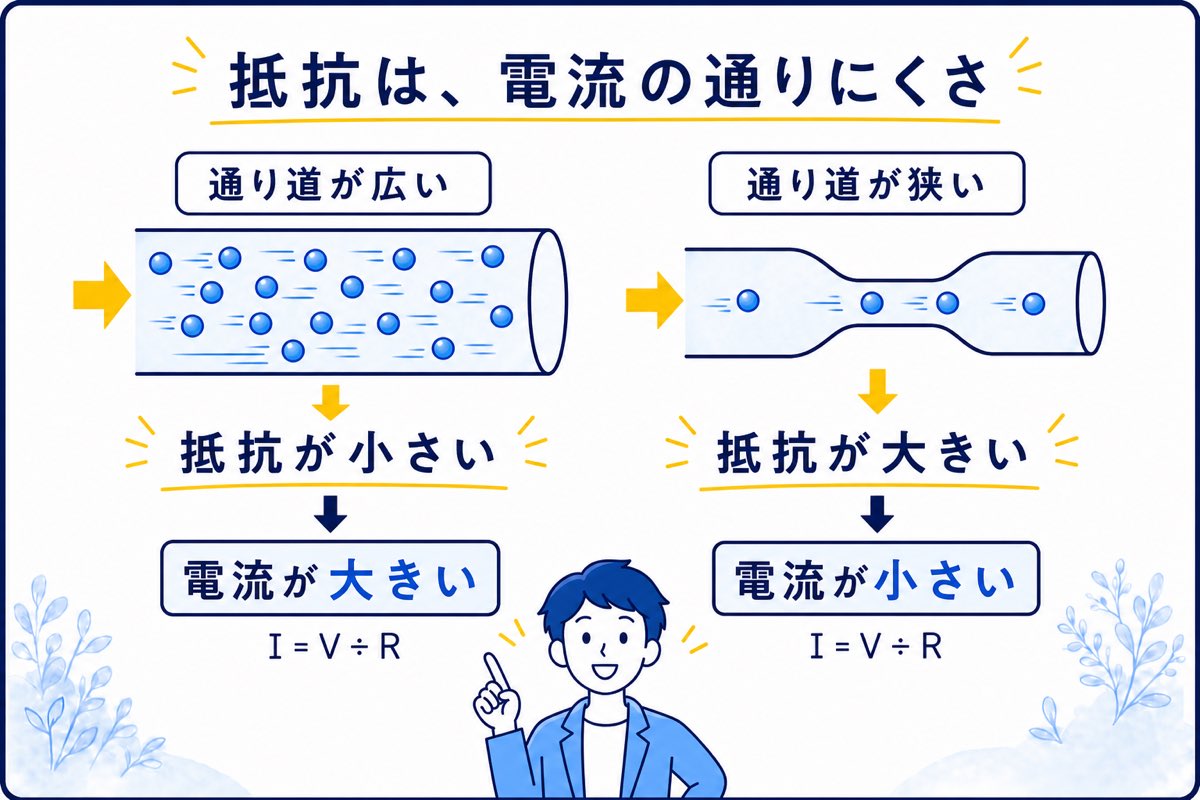 通り道の広さで抵抗と電流の違いを比べる図