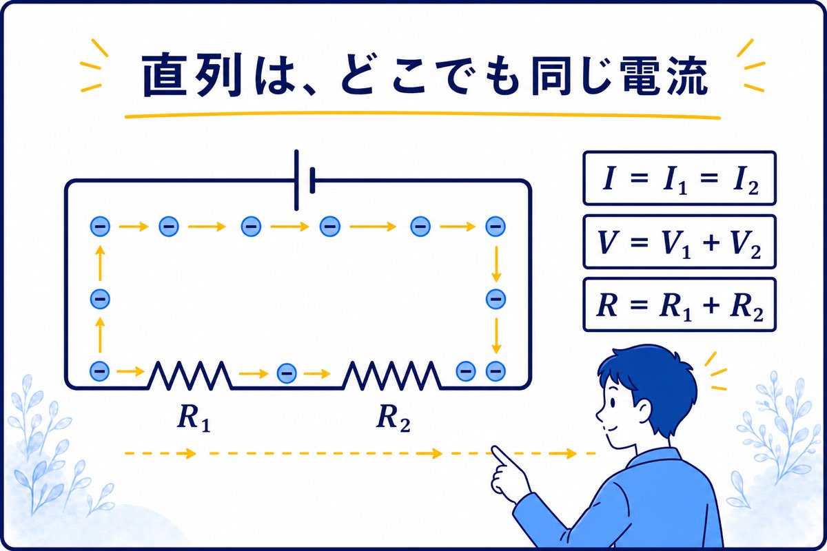 直列回路では二つの抵抗に同じ電流が流れる図