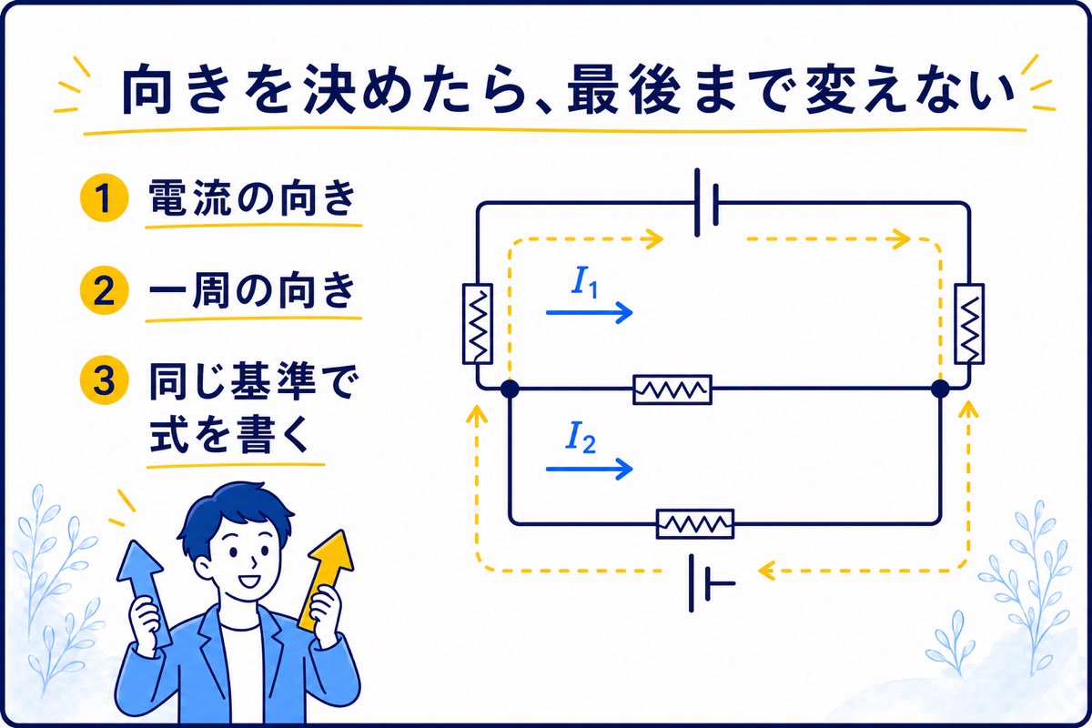 枝電流の向きと回路を一周する向きを色分けした図