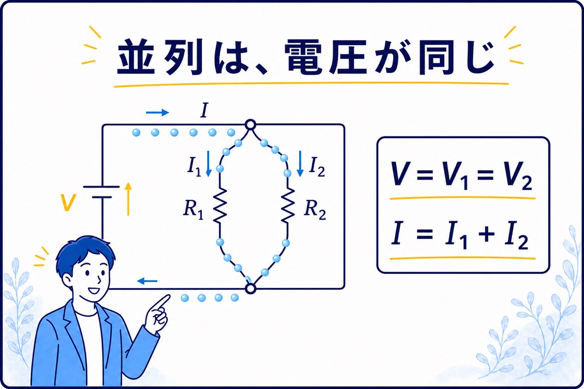 並列回路で電流が二つの枝へ分かれて合流する図