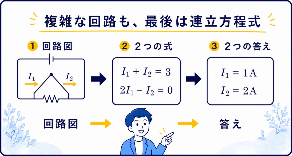 回路図から2つの式を立てて2つの電流を求める流れ