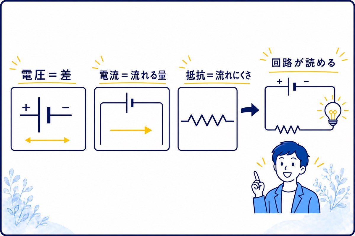 電圧は差・電流は流れる量・抵抗は流れにくさという役割から回路を読む流れ