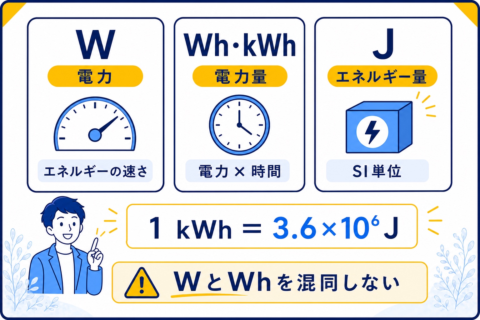 電力のWと電力量のWhおよびJの違いを整理した図
