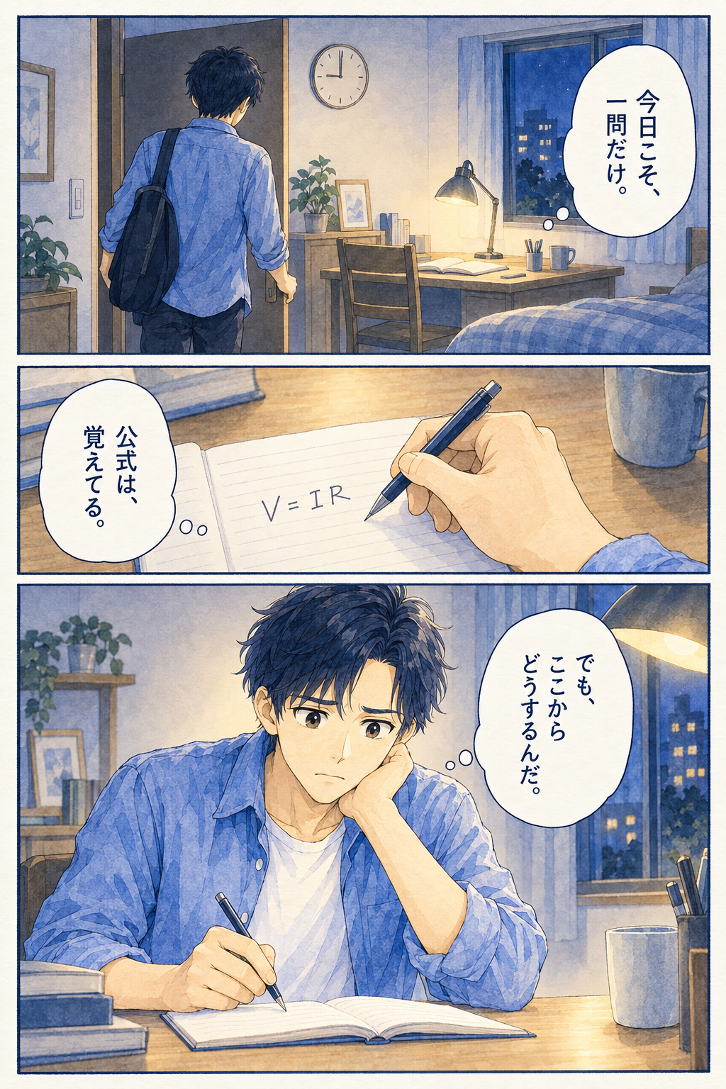 「今日こそ、一問だけ。」「公式は、覚えてる。」「でも、ここからどうするんだ。」仕事のあと、机へ向かった学習者の手が止まります。