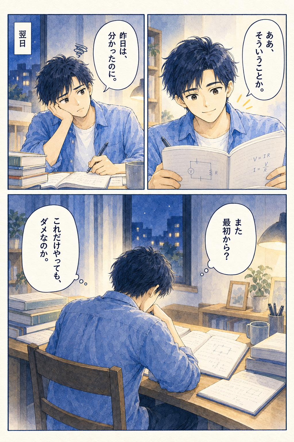 「ああ、そういうことか。」翌日。「昨日は、分かったのに。」「また最初から？」「これだけやっても、ダメなのか。」