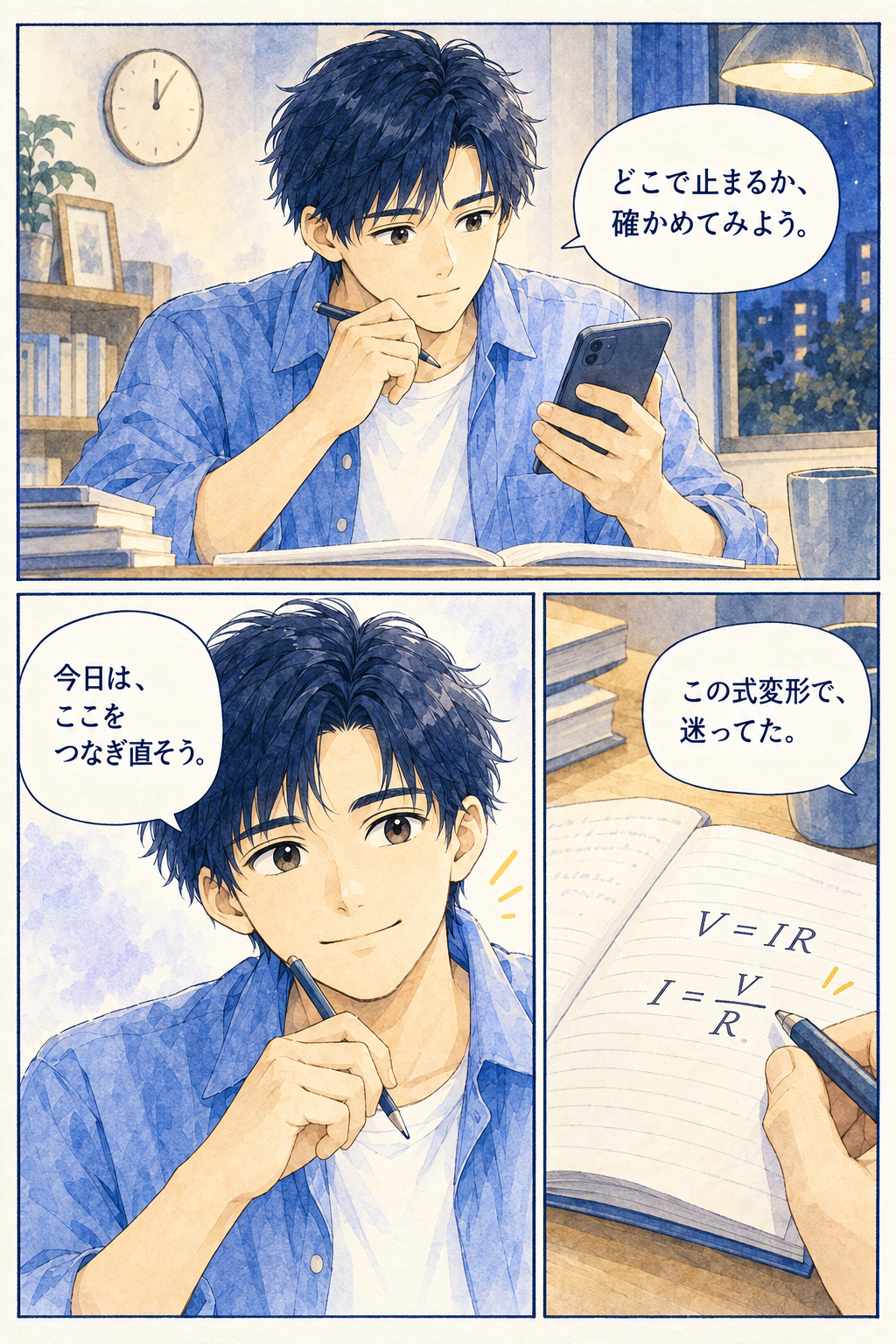 「どこで止まるか、確かめてみよう。」「この式変形で、迷ってた。」「今日は、ここをつなぎ直そう。」V＝IR から I＝V/R へ、式を確かめます。