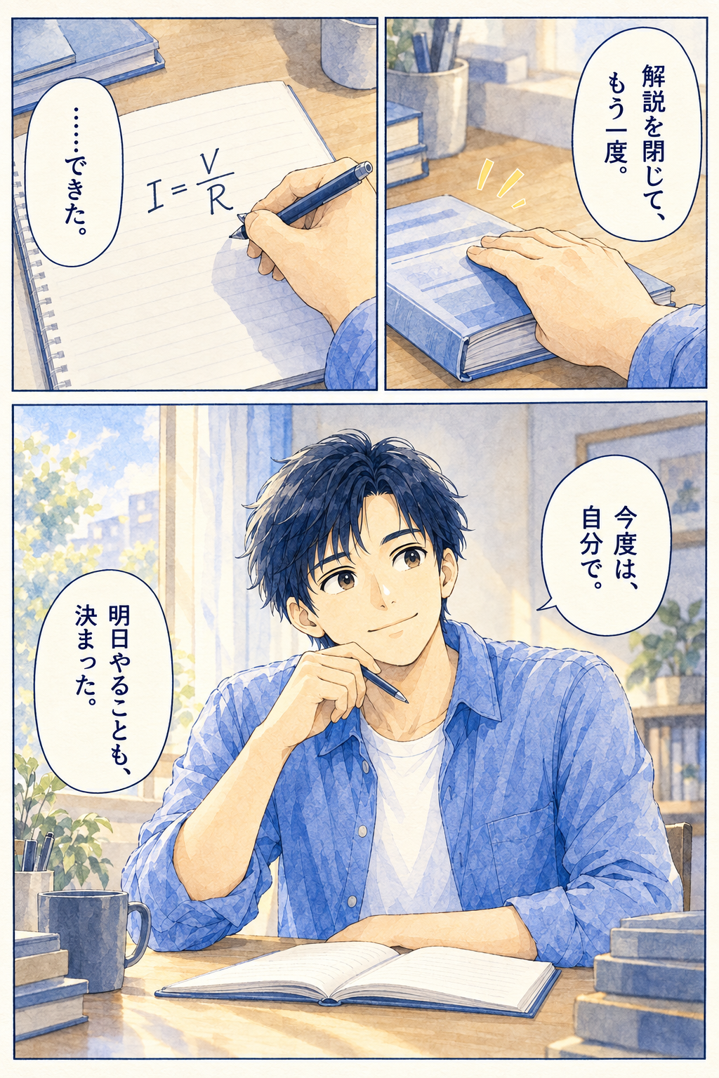 「解説を閉じて、もう一度。」「……できた。」「今度は、自分で。」「明日やることも、決まった。」小さな手応えを得て、次に取り組む内容を決めます。