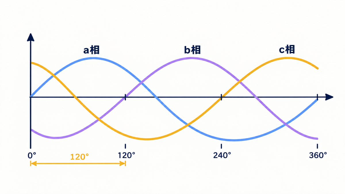 a相・b相・c相が120度ずれた三相波形