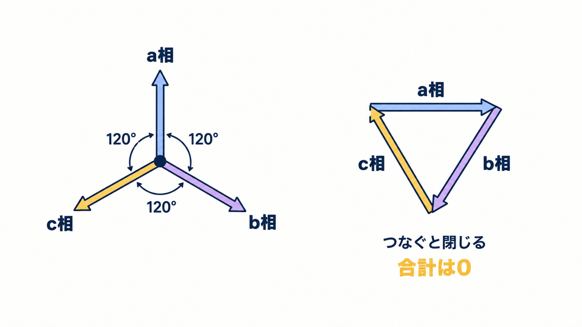 120度ずつ離れた三相ベクトルと閉じる三角形