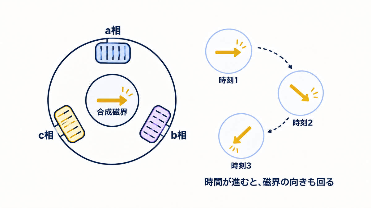 三相の巻線と時間変化から回転磁界が生じる図