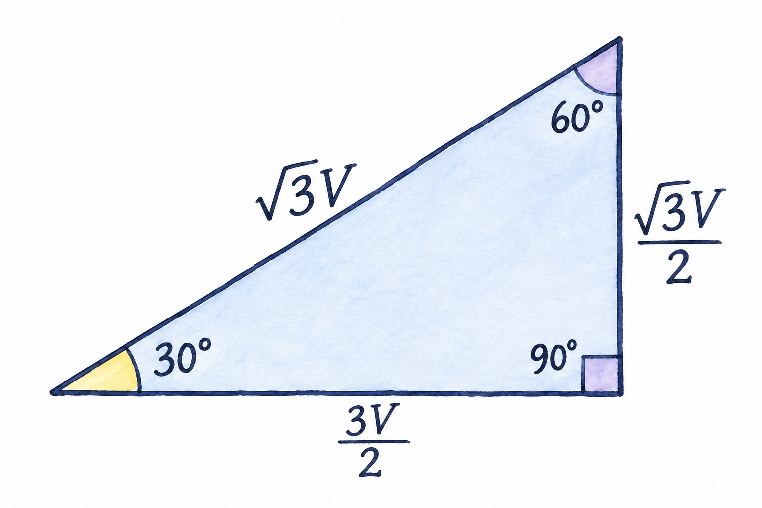 ベクトル差の横成分3V/2と縦成分√3V/2から、斜辺√3Vと角度30°を示す手描きの直角三角形